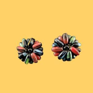 Vintage German Jewelry Signed Germany Daisy Flower Multicolor Clip on Earrings
